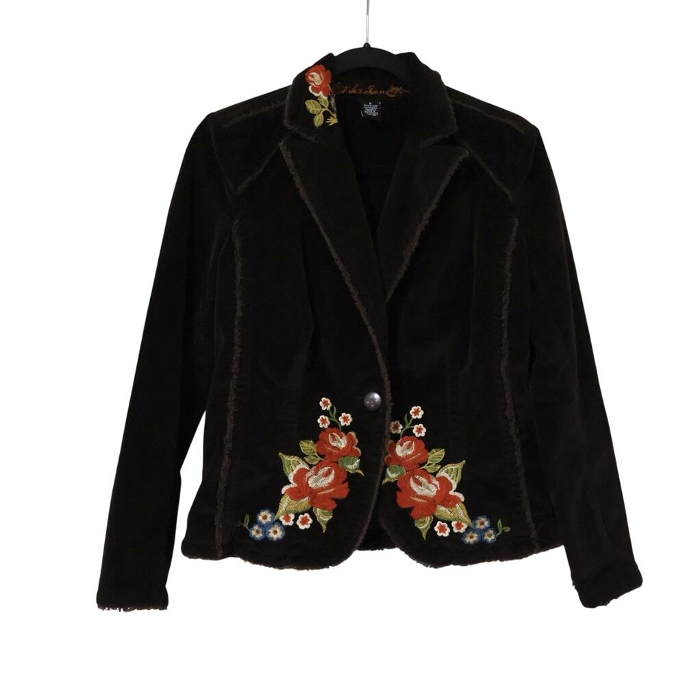Vintage Kikit Jeans Brown Corduroy Floral Raw Hem Embroidered Jacket S Y2K Boho